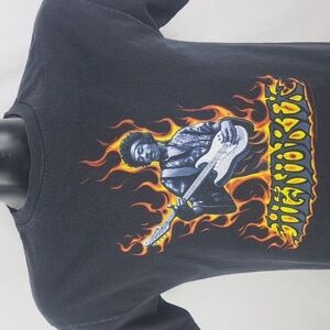 2004 Jimmi Hendrix Official spell out fire graphics Med black faded t-shirt